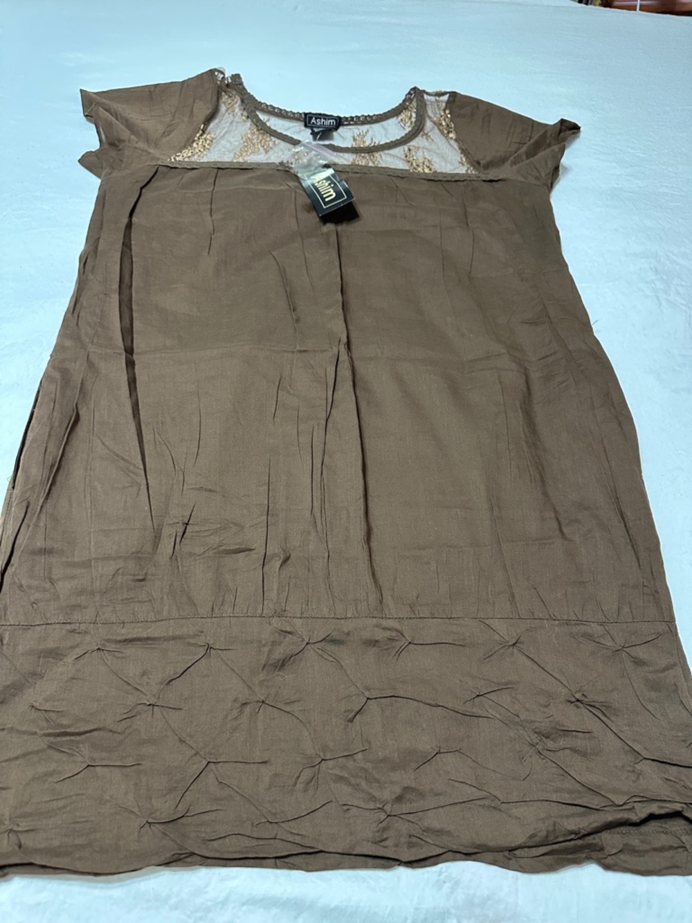 Desert Palm Briwn  Midi Dress with Sheer Lace Yoke